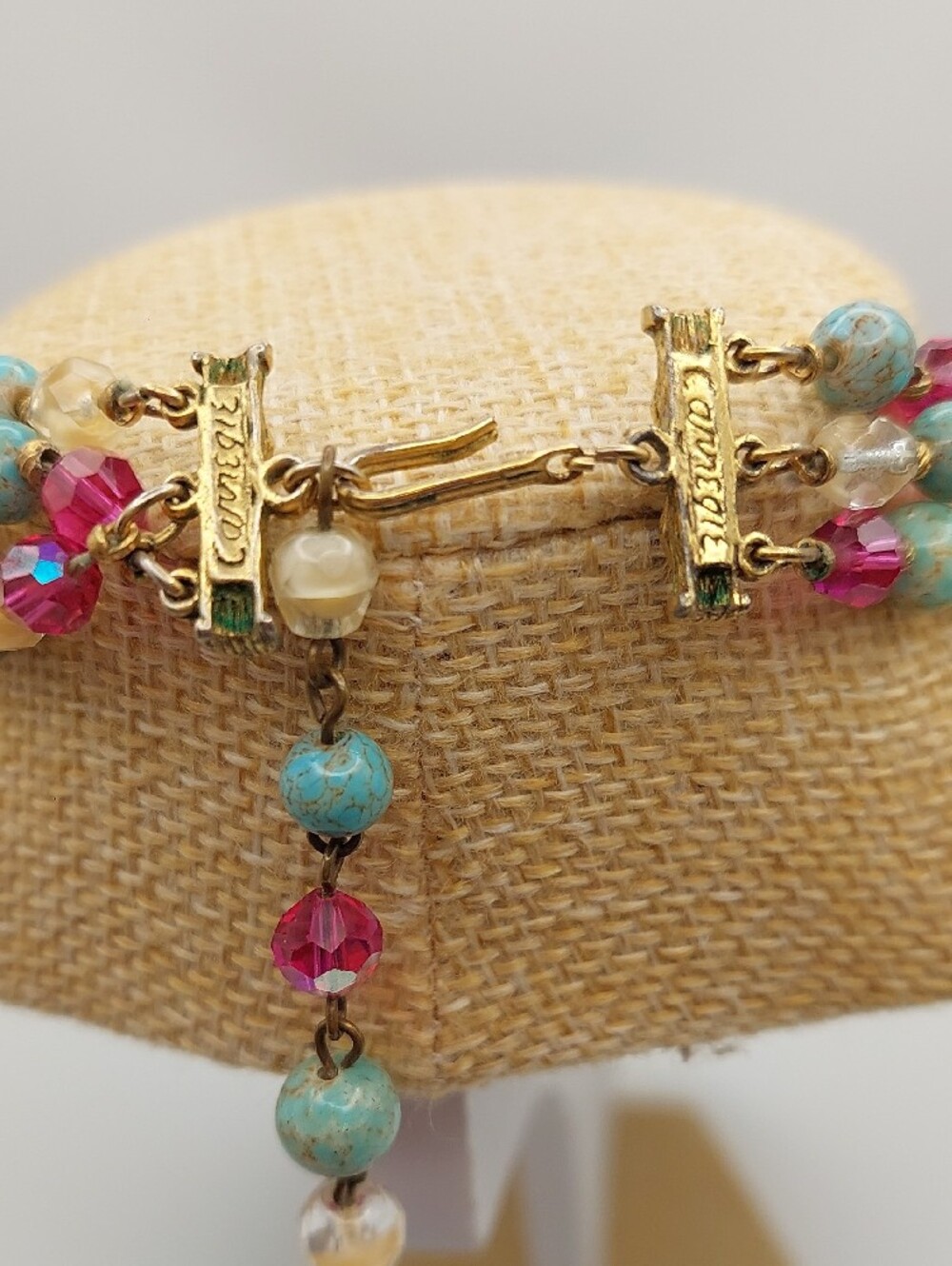 HATTIE CARNEGIE 3-Strand Vtg Blue Ceramic, AB Fuchsia Glass Choker Necklace MCM - Picture 7 of 16